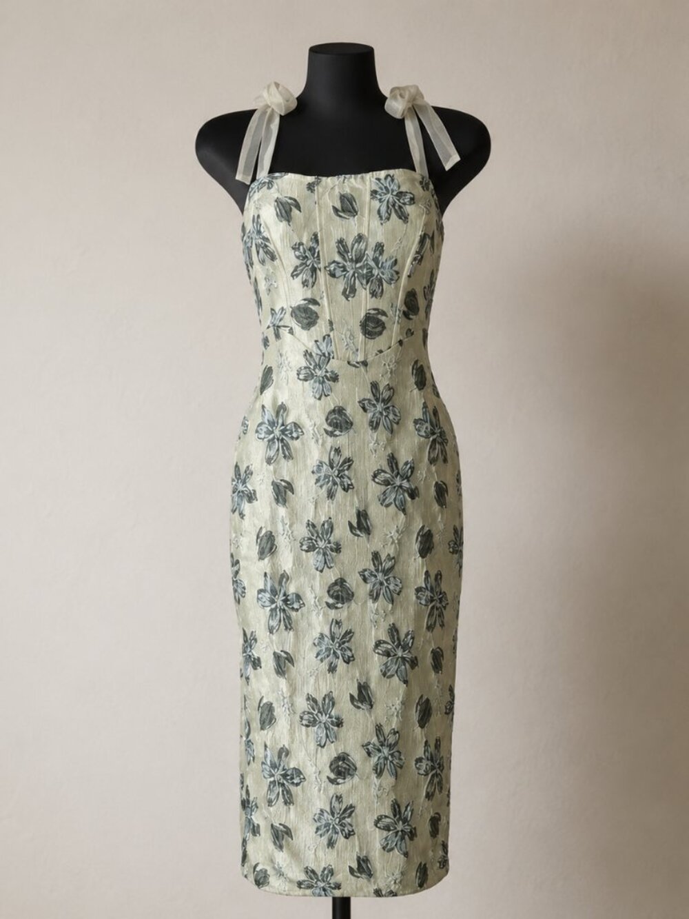 NWT Lulus Lovely Darling Sage Green Floral Jacquard Tie-Strap Midi Dress Large